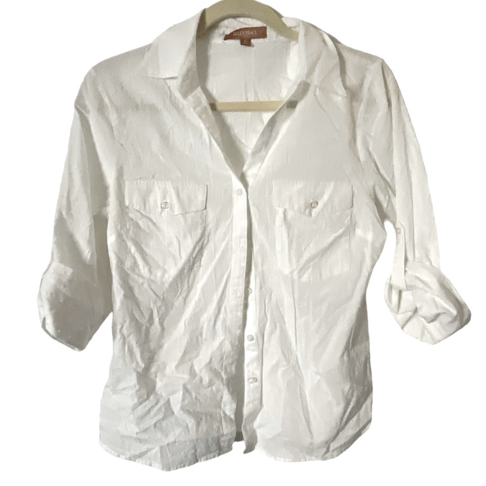 Ellen Tracy White Dot Button Front Shirt L